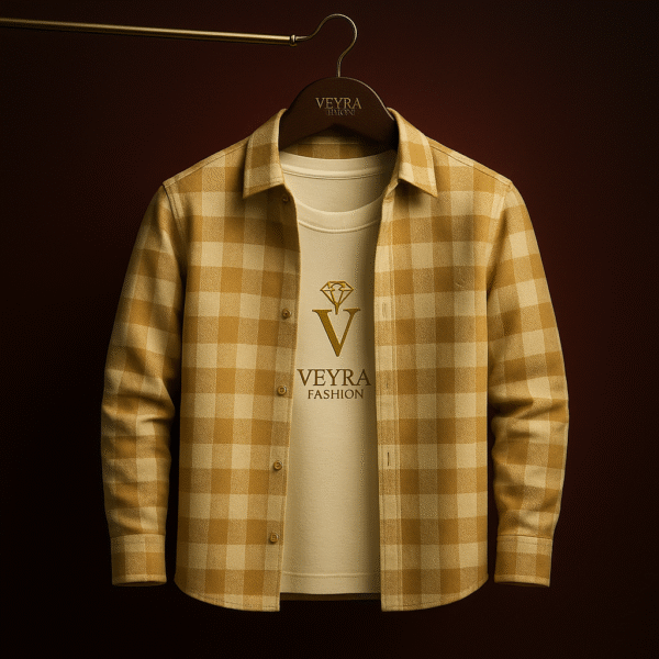 Veyra Fashion Premium Checkered Shirt with Branded Inner T-Shirt (Beige-Gold Combo) - Image 3