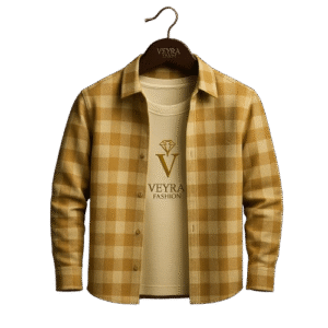 Veyra Fashion Premium Checkered Shirt with Branded Inner T-Shirt (Beige-Gold Combo)