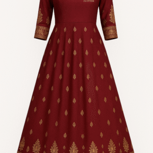 Elegant Maroon Gold Embroidered Anarkali Dress – Veyra Fashion