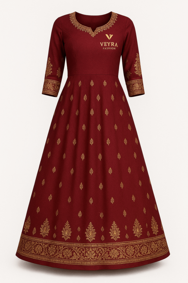 Elegant Maroon Gold Embroidered Anarkali Dress – Veyra Fashion